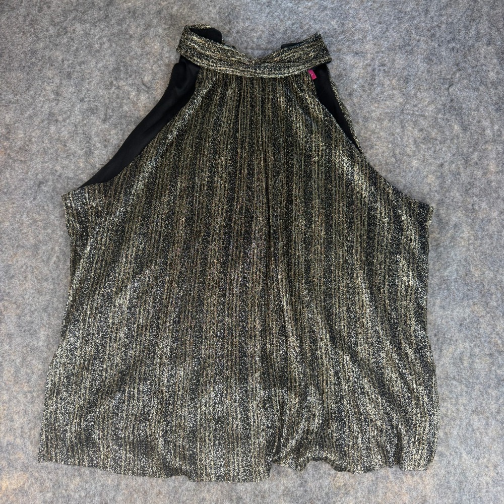 Vince Camuto Halter Top Women 2X Gold Black Metallic Shimmer Pleated Tie Back